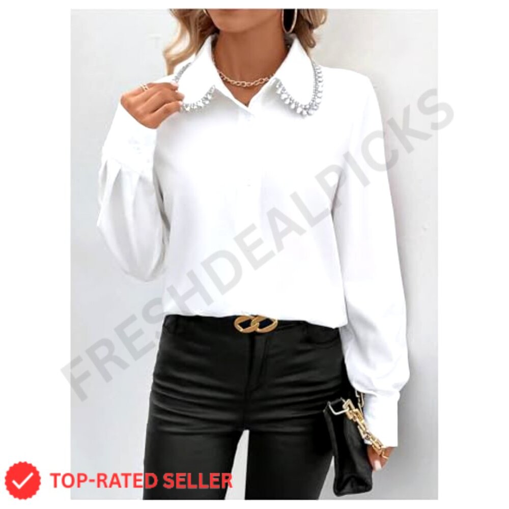 Rhinestone Collared Button Down Blouse Long Sleev… - image 5